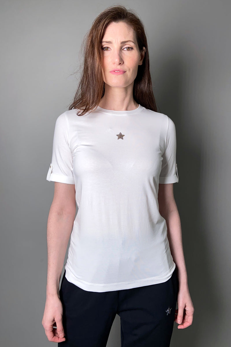 Lorena Antoniazzi White Crew Neck T-Shirt with Swarovski Detail