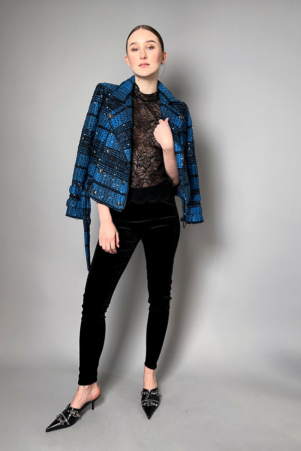 L'Agence Plaid Tweed Sequin Moto Jacket in Blue- Ashia Mode- Vancouver, BC