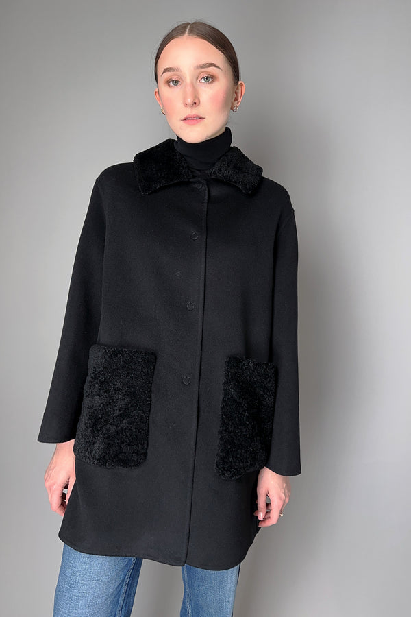 Manzoni 24 Loro Piana Cashmere Blend Coat with Curly Shearling Collar in Black