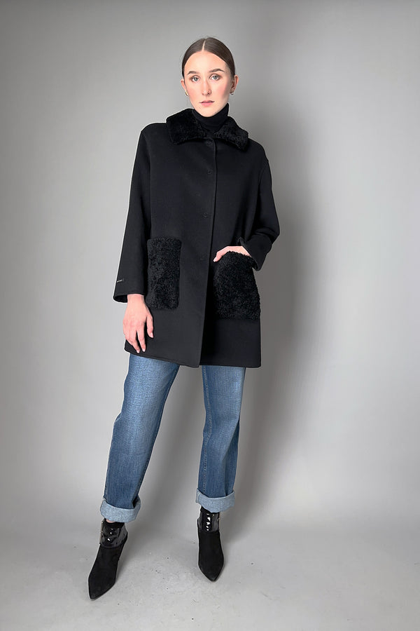 Manzoni 24 Loro Piana Cashmere Blend Coat with Curly Shearling Collar in Black