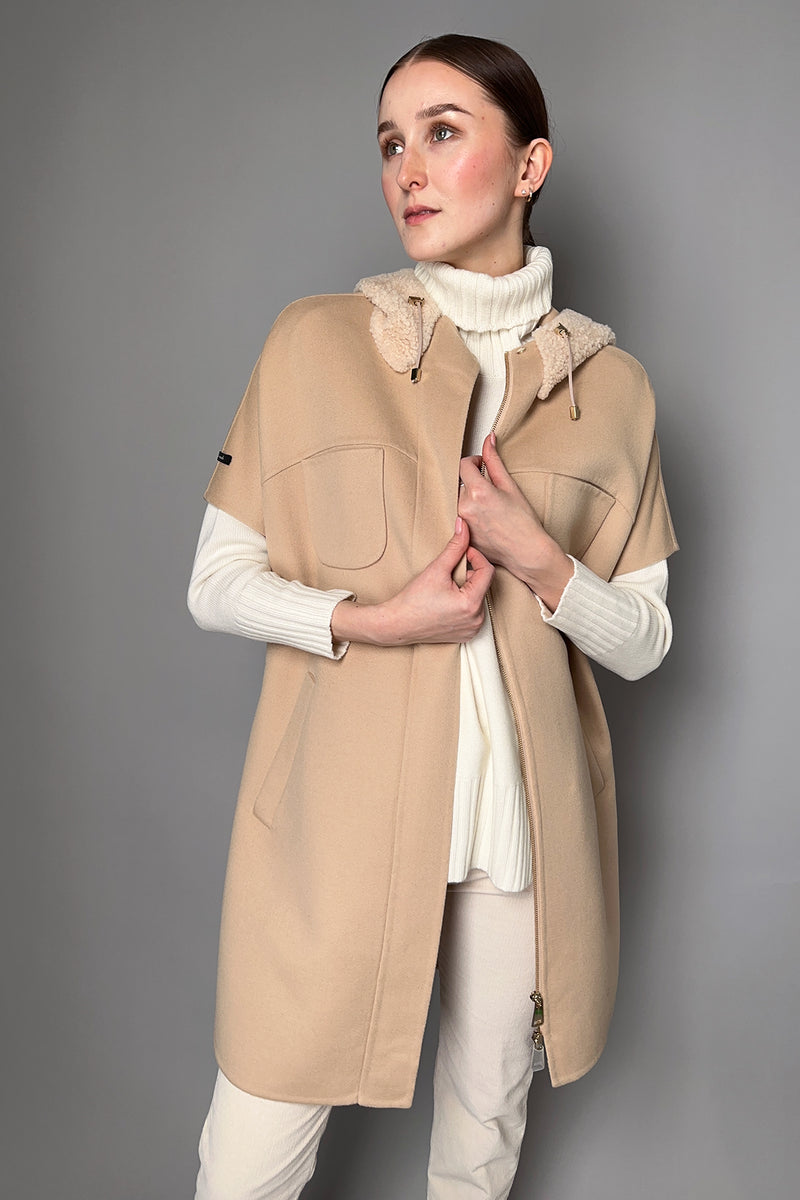 Manzoni 24 Wool-Cashmere Cape with Shearling Hood in Almond