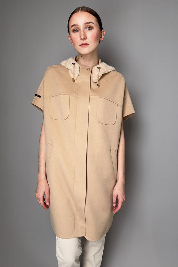 Manzoni 24 Wool-Cashmere Cape with Shearling Hood in Almond