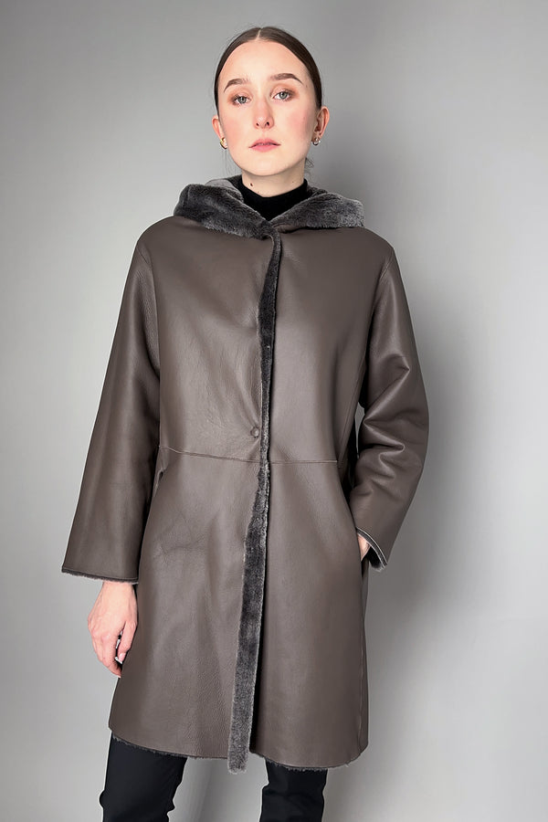 Manzoni 24 Brushed Shearling Reversible Hooded Coat in Wood- Ashia Mode- Vancouver, BC