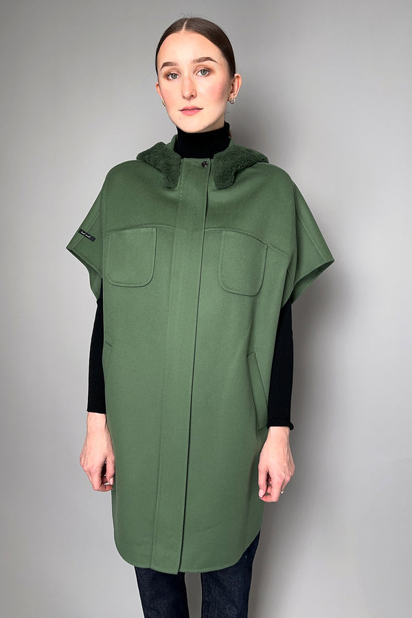 Manzoni 24 Wool-Cashmere Cape with Shearling Hood in Jade