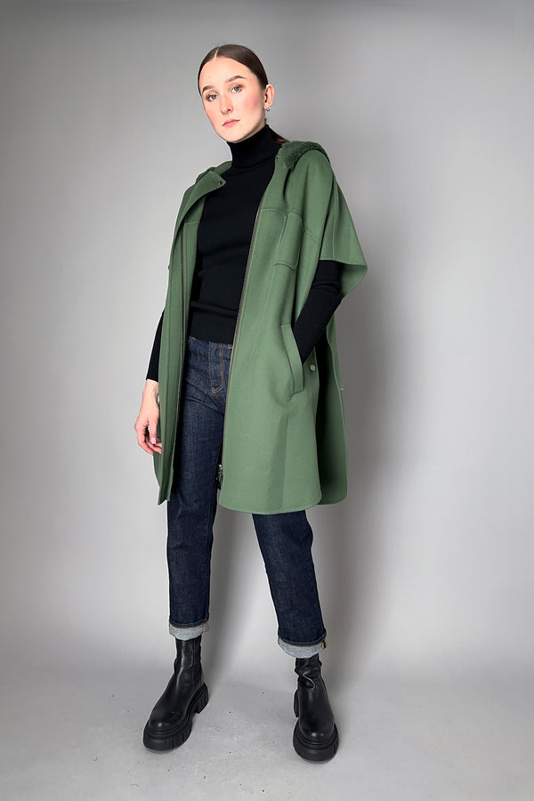Manzoni 24 Wool-Cashmere Cape with Shearling Hood in Jade