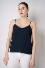 Fabiana Filippi Silk Blend V-Neck Camisole with Mesh Trims in Navy