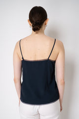 Fabiana Filippi Silk Blend V-Neck Camisole with Mesh Trims in Navy