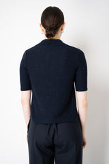 Fabiana Filippi Sequin Knit Short Sleeve V-Neck Polo Top in Navy Vancouver. Shop Online or in Store.