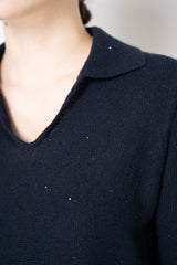 Fabiana Filippi Sequin Knit Short Sleeve V-Neck Polo Top in Navy Vancouver. Shop Online or in Store.