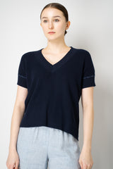Amina Rubinacci Knit Cotton Short Sleeve Pullover Shirt with Sequin Embellished  Sleeves in Navy