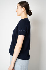 Amina Rubinacci Knit Cotton Short Sleeve Pullover Shirt with Sequin Embellished  Sleeves in Navy