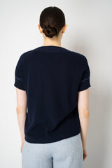 Amina Rubinacci Knit Cotton Short Sleeve Pullover Shirt with Sequin Embellished  Sleeves in Navy