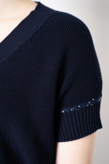 Amina Rubinacci Knit Cotton Short Sleeve Pullover Shirt with Sequin Embellished  Sleeves in Navy