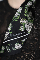 Dolce & Gabbana Small Flower Bouquet-Print Silk Twill Bandeau 6x100 in Black and White
