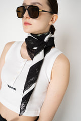 Dolce & Gabbana 90x90 Small Flower Bouquet-Print Silk Twill Scarf with Lace Insert in Black and White