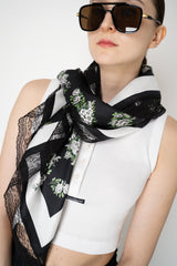 Dolce & Gabbana 90x90 Small Flower Bouquet-Print Silk Twill Scarf with Lace Insert in Black and White