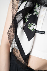 Dolce & Gabbana 90x90 Small Flower Bouquet-Print Silk Twill Scarf with Lace Insert in Black and White