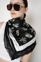 Dolce & Gabbana 90x90 Small Flower Bouquet-Print Silk Twill Scarf with Lace Insert in Black and White