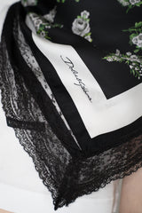Dolce & Gabbana 90x90 Small Flower Bouquet-Print Silk Twill Scarf with Lace Insert in Black and White