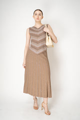 D. Exterior A-line Knit Sleeveless Chevron Top with Drawstring Detail in Brown Melange