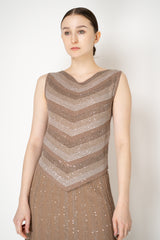 D. Exterior A-line Knit Sleeveless Chevron Top with Drawstring Detail in Brown Melange