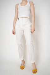 Peserico Mid Rise Slim Fit Trousers with Embellished Faux Welt Pocket in White