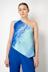Pleats Please Issey Miyake Sea Bubble One Shoulder Asymmetric Top in Ocean Blue