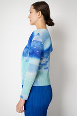 Pleats Please Issey Miyake Sea Bubble Long Sleeve Open Front Cardigan in Ocean Blue
