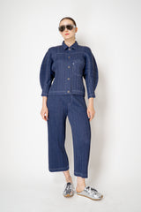 Pleats Please Issey Miyake Cotton Denim Straight Leg Pants in Indigo Blue Wash
