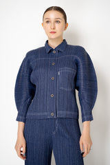 Pleats Please Issey Miyake Cotton Denim Bat Sleeve Jacket in Indigo Blue Wash