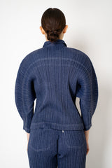 Pleats Please Issey Miyake Cotton Denim Bat Sleeve Jacket in Indigo Blue Wash