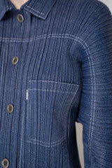 Pleats Please Issey Miyake Cotton Denim Bat Sleeve Jacket in Indigo Blue Wash