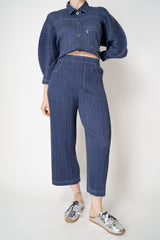 Pleats Please Issey Miyake Cotton Denim Straight Leg Pants in Indigo Blue Wash