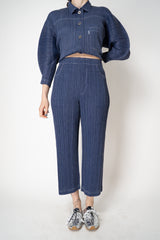 Pleats Please Issey Miyake Cotton Denim Straight Leg Pants in Indigo Blue Wash
