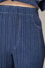 Pleats Please Issey Miyake Cotton Denim Straight Leg Pants in Indigo Blue Wash