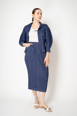 Pleats Please Issey Miyake Cotton Denim Ankle Length Pencil Skirt in Indigo Blue Wash