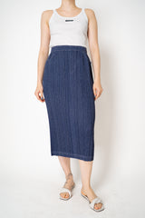 Pleats Please Issey Miyake Cotton Denim Ankle Length Pencil Skirt in Indigo Blue Wash
