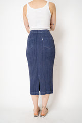 Pleats Please Issey Miyake Cotton Denim Ankle Length Pencil Skirt in Indigo Blue Wash