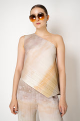 Pleats Please Issey Miyake Sea Bubble One Shoulder Asymmetric Top in Sandy Beige