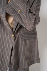 Annette Gortz Linen Blend Striped Patchwork Blazer in Grey