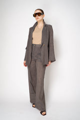 Annette Gortz Linen Blend Striped Patchwork Blazer in Grey