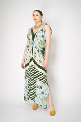 Verandah Bemberg Gathered V-neck Drape Gown in Ice Blue and Emeral Lotus Print