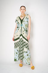 Verandah Bemberg Gathered V-neck Drape Gown in Ice Blue and Emeral Lotus Print