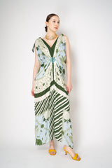 Verandah Bemberg Gathered V-neck Drape Gown in Ice Blue and Emeral Lotus Print