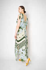 Verandah Bemberg Gathered V-neck Drape Gown in Ice Blue and Emeral Lotus Print