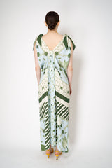 Verandah Bemberg Gathered V-neck Drape Gown in Ice Blue and Emeral Lotus Print