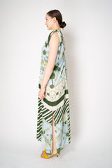 Verandah Bemberg Gathered V-neck Drape Gown in Ice Blue and Emeral Lotus Print