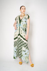 Verandah Bemberg Gathered V-neck Drape Gown in Ice Blue and Emeral Lotus Print