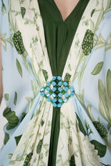Verandah Bemberg Gathered V-neck Drape Gown in Ice Blue and Emeral Lotus Print