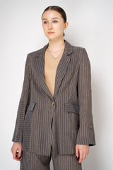 Annette Gortz Linen Blend Striped Patchwork Blazer in Grey